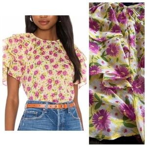 Banjanan Andrea top blouse yellow purple daisy floral ruffle puff sleeve S